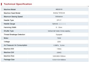 Thông số kỹ thuật của máy viền túi tự động MB2001B