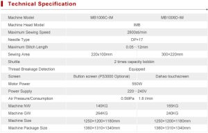 thông số kỹ thuật của máy may sửa chữa tự động MB1006